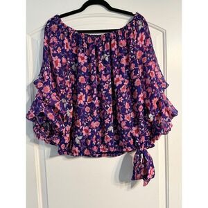 CeCe Floral Off the Shoulder Blouse Women Large Purple Pink Ruffle Tie